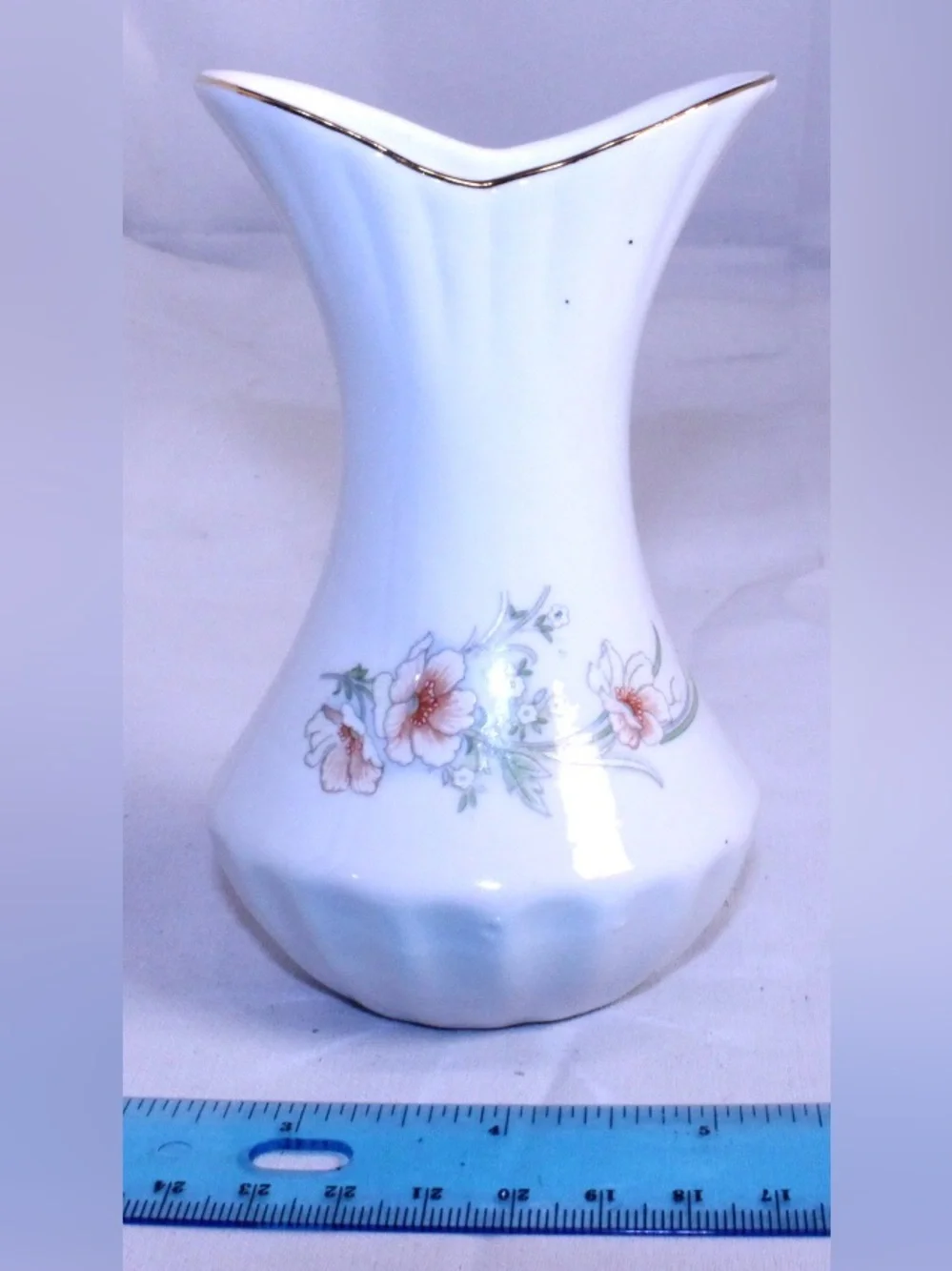 Vintage White Fluted Porcelain Floral Bud Vase Gold Trim